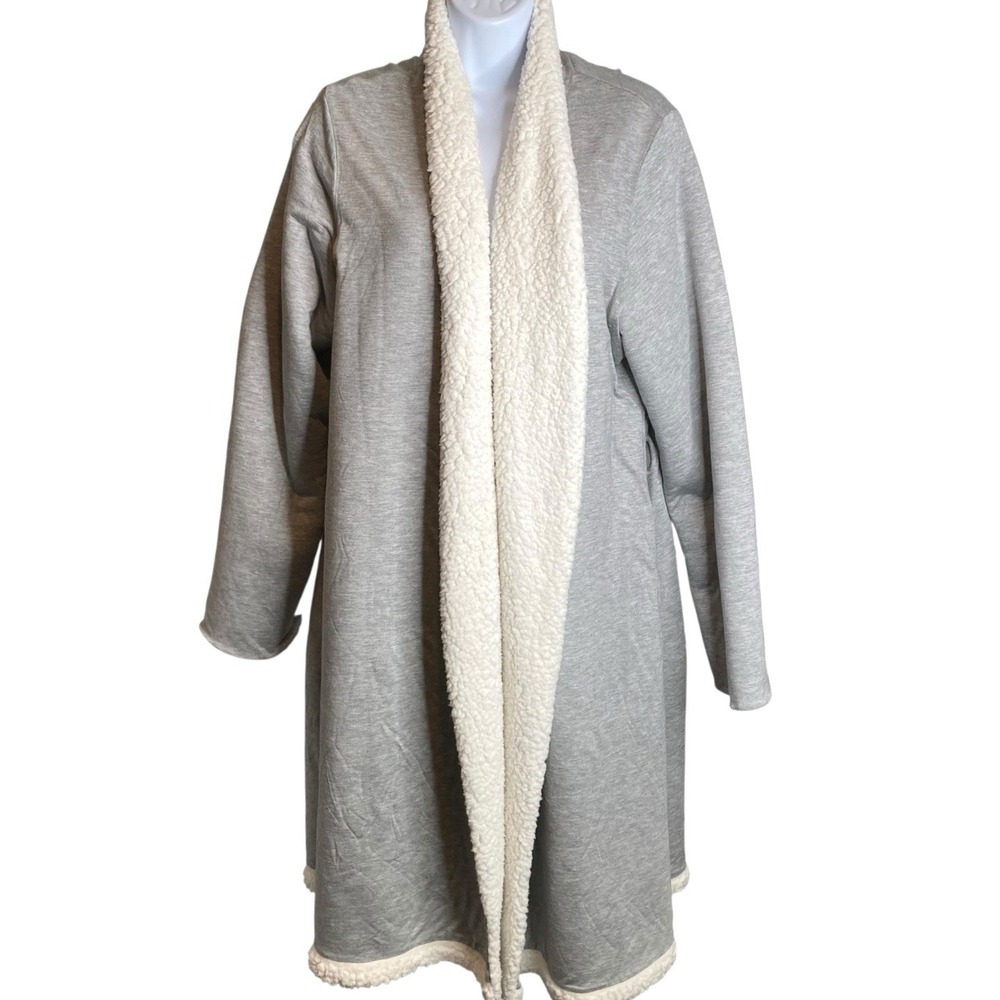 EBERJEY Womens Gray Sherpa Trim Open Front Robe Cardigan L Luxe Sleepwear Hygge